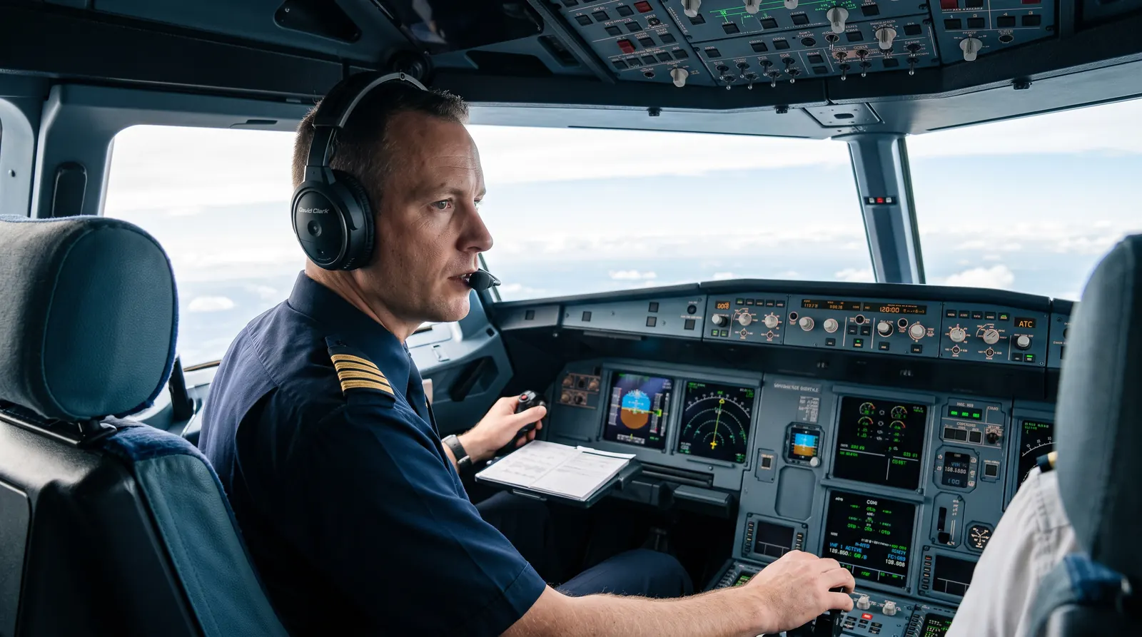 Airline pilot in the flight deck speaking on a headset microphone during radio communication